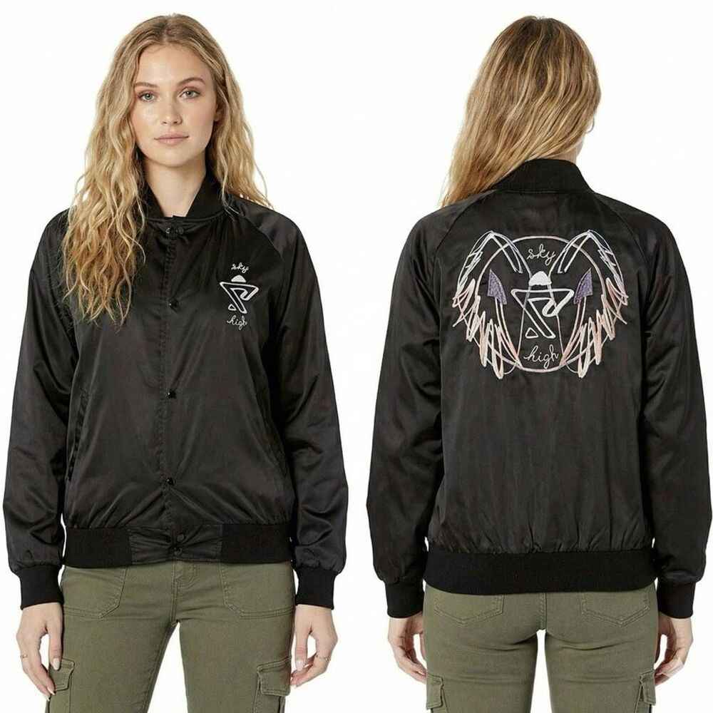 ✨ HOTEL 1171 Skylar Bomber Jacket XL NWT Black Satin Embroidered Sky High SDS